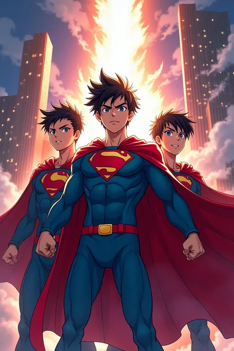 A manga cover with 3 boys wearing capes in a hero pose. 