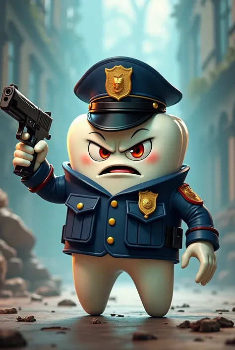 Tooth wearing an angry police hat holding a gun in his hands and a vest on his body that says Police Fighting with tooth decay 