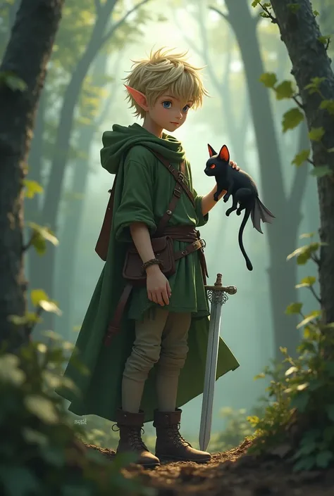 Image is a fantasy digital artwork featuring a young  with fair skin and short, tousled blonde hair, standing in a misty forest. The  has pointed elf-like ears and is dressed in a medieval-style outfit consisting of a green tunic, brown leather belt, and b...