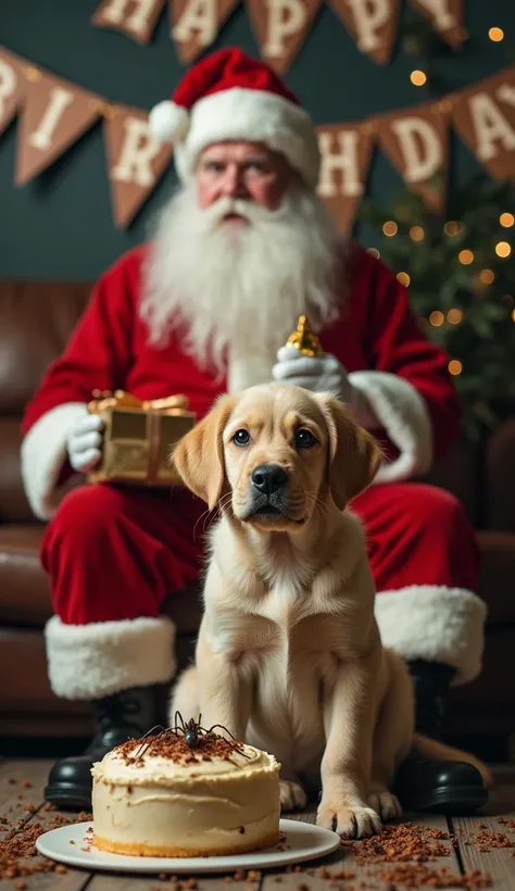 Create an image: a sad, malnourished and pale golden retriever puppy, with a very frightened countenance, is sitting in front of a Santa Claus. Santa Claus is with a birthday cake in one hand and a gift in the other. The cake is infested with flies, ants a...