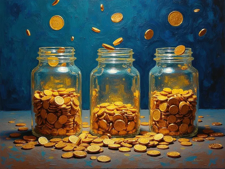 Painting Style: Close-up of the jars, where coins multiply in real time, painted with vibrant, impressionistic textures. The esfumato technique softens the glow emanating from the jars, while Van Gogh’s swirling, dynamic strokes give the coins an almost li...