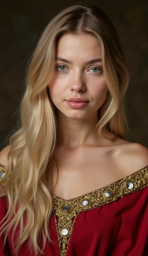 (haute résolution,réaliste:1.2),femme,portraits,cheveux blonds,yeux verts,Beau visage,beaux yeux détaillés,beautiful detailed cheveux blonds,belles lèvres détaillées,longs cils,assise sur un trône comme une reine,sourire,dents blanches,couleurs vives,éclai...