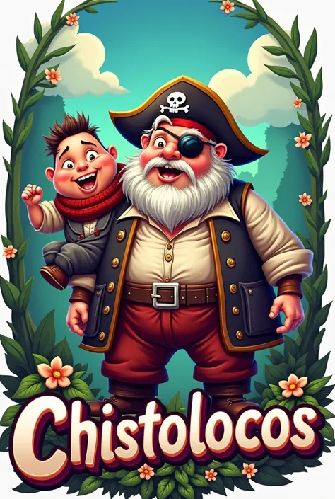 A logo that says "Chistolocos" That he finds a fat pirate with white hair and a patch and is accompanied by a crazy chubby and shorter friend who looks like a rapper with a scarf and a funny and picturesque creative background 