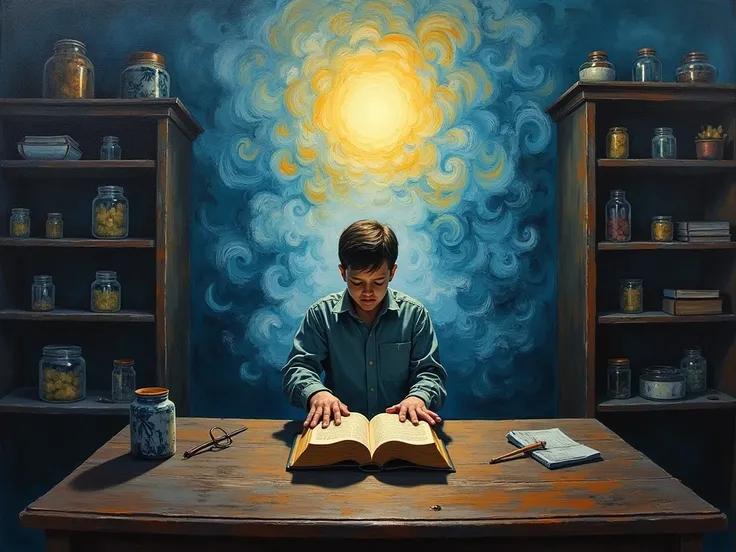 Painting Style: A dramatic transformation of the room, where the shadows are now painted as soft, swirling clouds of light, blending seamlessly into the background through esfumato. The Bible sits at the center, its glow more radiant than ever, while the r...