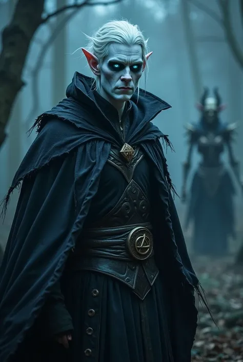 Create an image of a Blood Elf from World of Warcraft with pale, bluish skin and bright cyan blue eyes. He is wearing a pitch-black necromancer’s robe, dark and twisted with malicious symbols, giving off an aura of pure evil. The robe is heavily tattered, ...