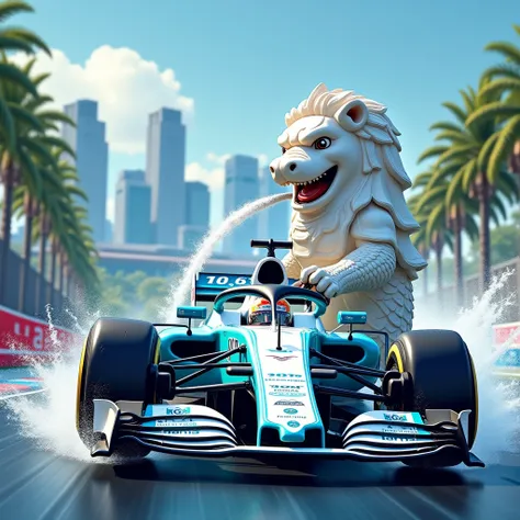  Create a funny scene of the iconic Merlion racing in a Formula 1 car . The Merlion ,  half lion and half fish ,  must be holding the wheel with a fierce expression ,  its gushing water jet Your mouth as you accelerate on an elegant F1 .  The F1 car must b...