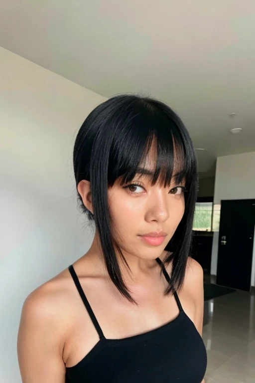 
a girl with bangs and long black hair.  Asian with white skin 