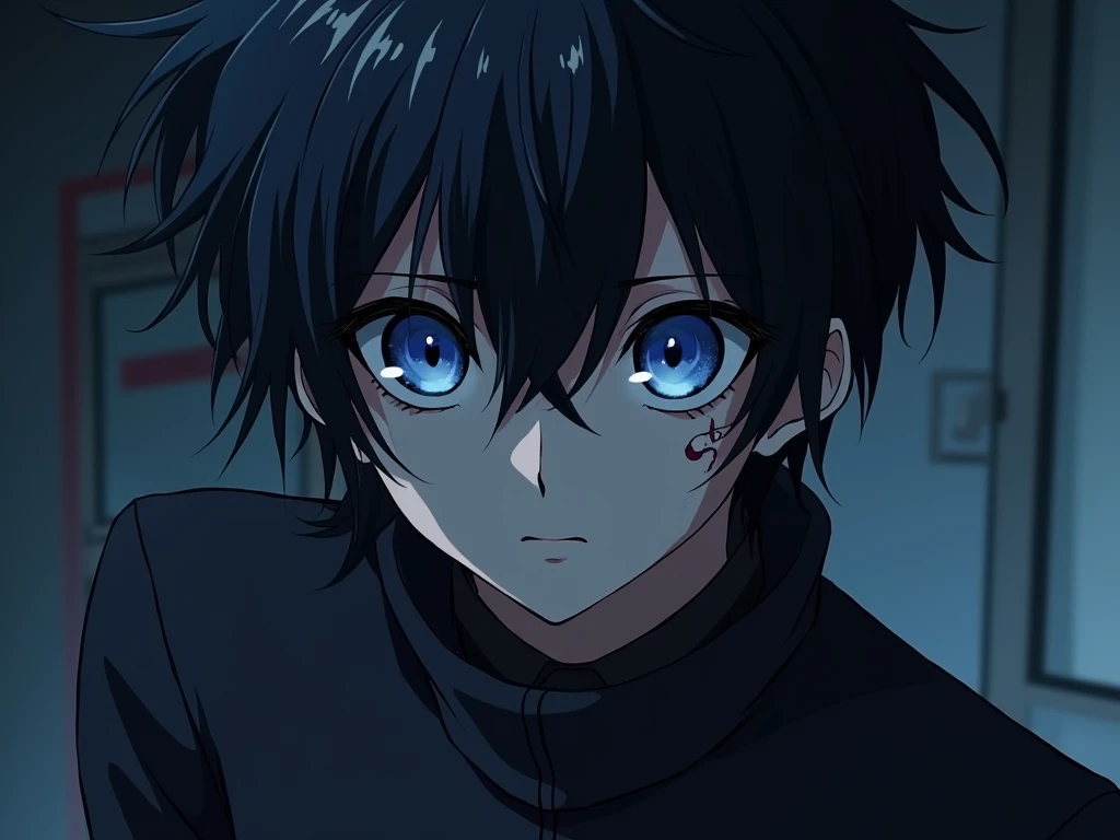   High Resolution, Cheveux Courts, Left black and white hair on the right , blue eyes ,  scar on the cheek  ,  young man  , sexy , dans un endroit sombre  , anime , pensif , sad