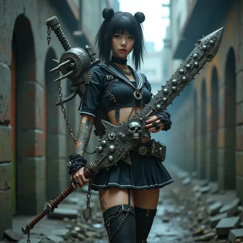 ((((looking at camera)))),(((Full body photo))),sexy gothic style_CHLO,a beautiful girl,wear bikini, a commanding figure of a Japanese girl in a sailor school uniform miniskirt stands in a dystopian urban setting, ((wielding a massive, highly detailed mech...