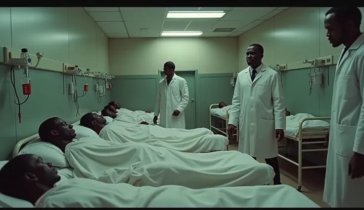 "1976, African hospital ward, patients lying in beds under white sheets with visible symptoms of Ebola, doctors in early 1970s medical uniforms, sparse hospital equipment in the background, a grim and urgent atmosphere, hyper-realistic, cinematic shot -- a...