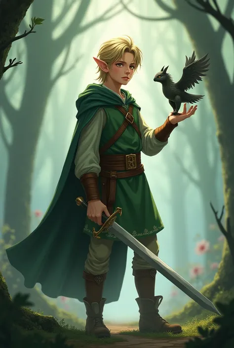 The image features a young man with fair skin and short, tousled blonde hair, standing in a misty forest. He has pointy elf ears and is dressed in a medieval-style outfit consisting of a green tunic, brown leather belt, and boots. They hold a sword in one ...