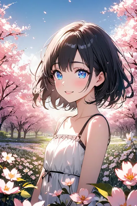 ne Beautiful girl, solo, gentle smile on her face flat chest, short hair, black hair, blue eyes, (detailed eyes),Sunny day landscape images, Only landscapes with flowers, Flower Field, unmanned, There are no animals, Lively, As if blown by the wind々Various...