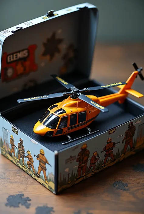 A toy helicopter for the most mature audience inside its package a firefighter helicopter a box of rens toys on the front side covered with acetate illustrations of firefighters