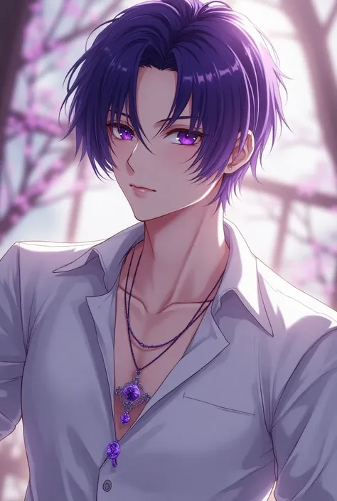 Handsome anime guy with purple messy hair, purple eyes, white shirt, white pants, purple jewelry,