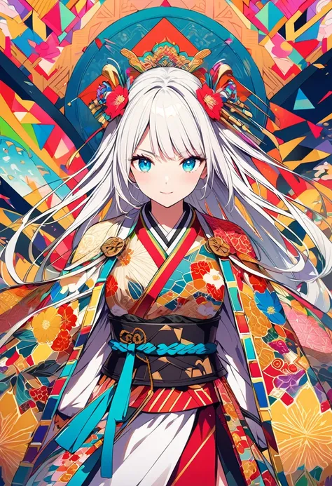 {worst quality, low-quality}, A vibrant and colorful illustration of an anime-style female samurai character with white hair, holding her sword in front of her face. She is wearing traditional Japanese adorned with floral patterns, a backdrop filled with c...