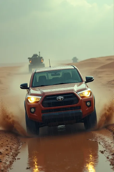 Toyota car in rainy weather in the desert and the quarter defense