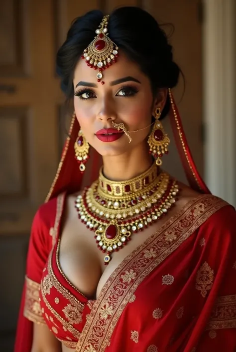 busty erotic hindu bride marriage ceremony Sindoor super Hindu makeup super large boobs open cleavage open abdomen saree n only bra , bare boobs 