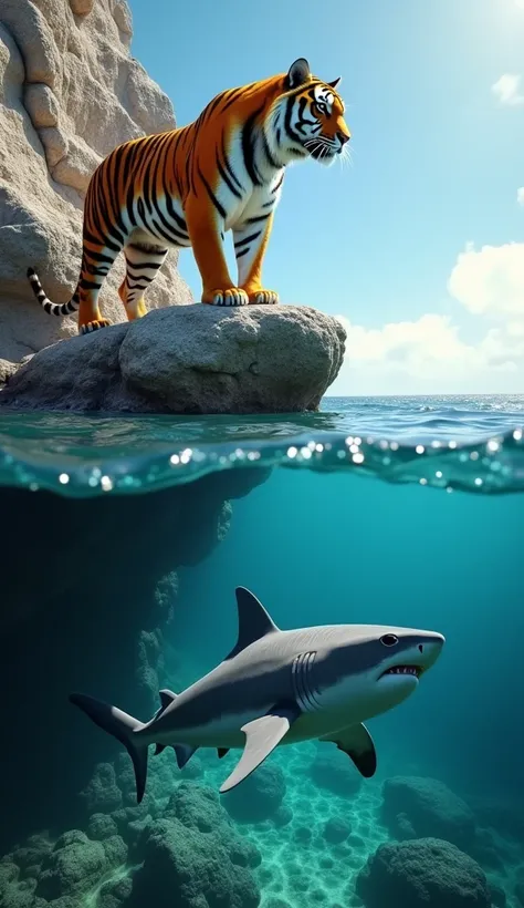 Generate an ultra-realistic 18K high-resolution image depicting a breathtaking scene where a powerful Tiger stands on a rugged rock formation at the oceans edge, while a massive Great White Shark swims below the crystal-clear water nearby. The Tiger, poise...