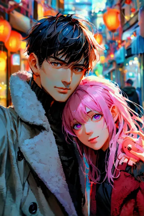 A mature adult boy with straight dark hair ,  brown eyes , with light gray overcoat and light black shirt with black pants.  With a 16-year-old friend with straight pink hair and purple eyes. taking a selfie 