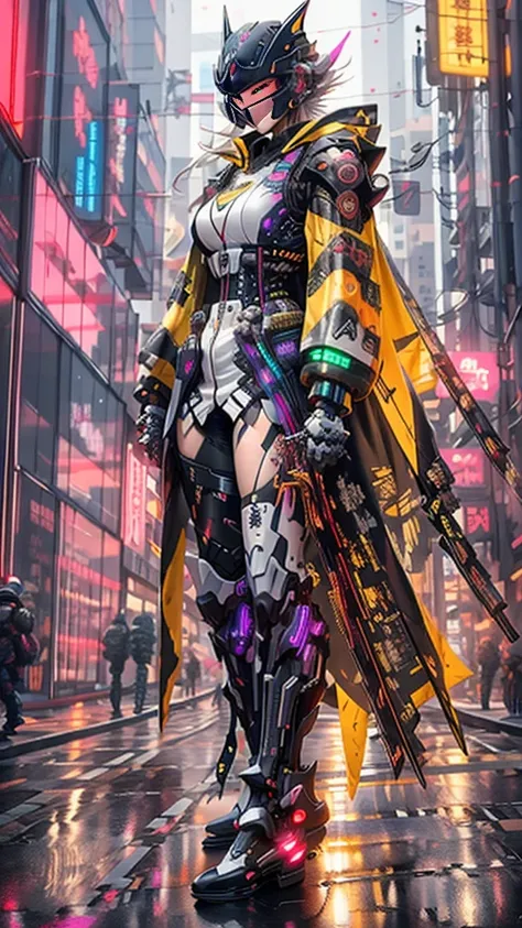  full body shot， had a woman dressed in black and green ，Perfect looks， full body black cyberpunk style outfit ,  carrying a rucksack ， cyberpunk super long hair ， calm cyberpunk style ,  cyberpunk suit,  cyberpunk face mask ,  cyberpunk long cape ， cyberp...