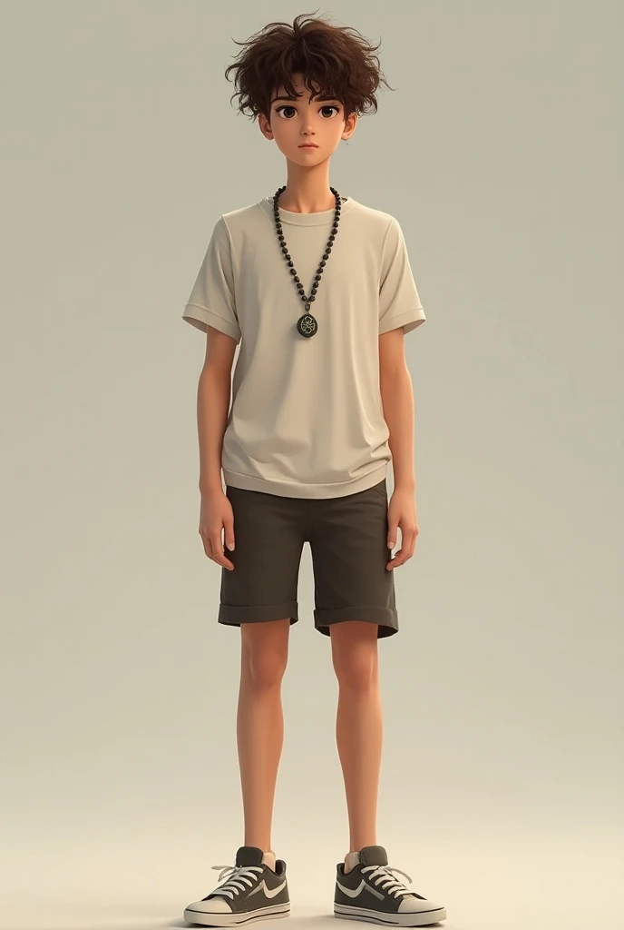 man, Young, 27 years old, brown, curly hair, little effeminate, using a shirt,  shorts and sneakers and a japamala around the neck,  black eyes, wide nose 