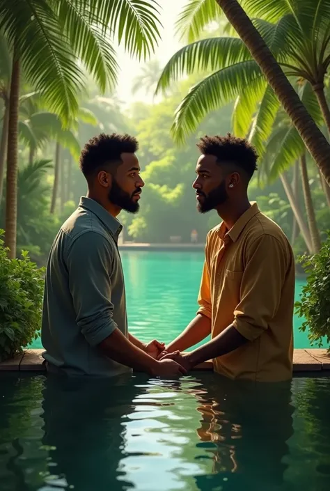 Young black man in the oasis talking to a man 