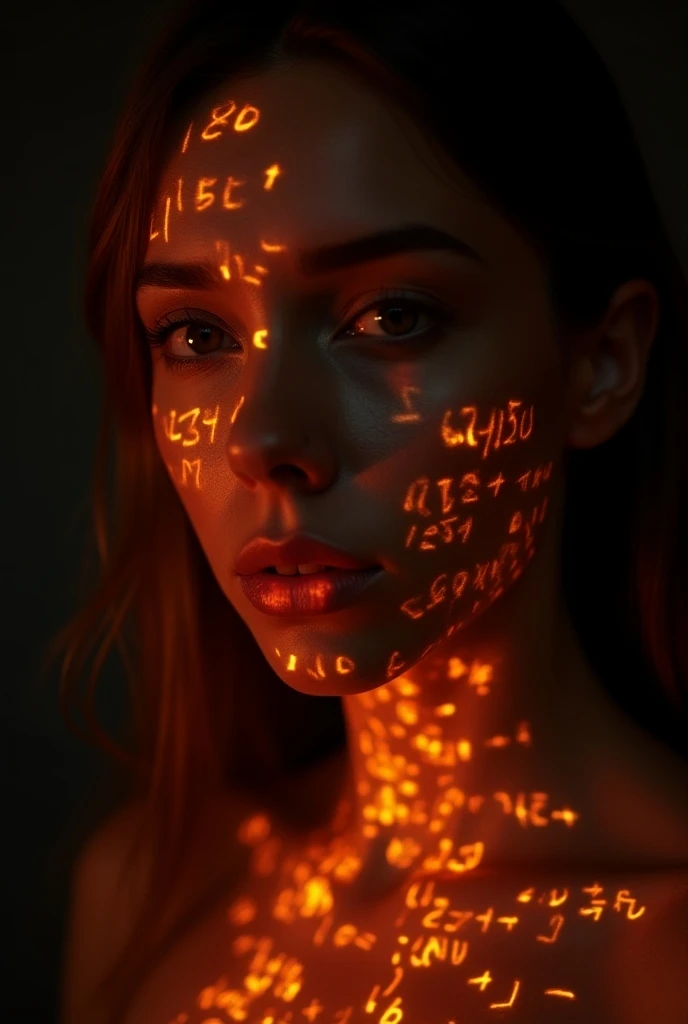 Close-up of a strong woman  &#39;,  a beam with the same style as the holographic Bright Orange Flash ,  projected on the skin. Intense Look,  realistic features . dark background, Cyberpunk aesthetics.  Luminous mathematical formulas , handwritten style ....