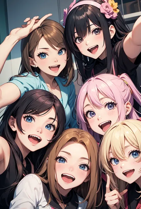 group of anime happy, Open Mouth, selfie, smile