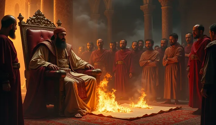 King Jehoiakim of Judah, seated on his royal throne, angrily watches as his officers burn the scroll that contains the words of the prophet Jeremiah. His face is twisted in disdain, his eyes filled with defiance as he orders the destruction of the sacred m...