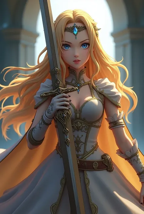 3d sword art online she has blonde hair blue eyes she wears a syllable forehead crown with a crystal she has a balues dress with belt she wears a cape and has a sword