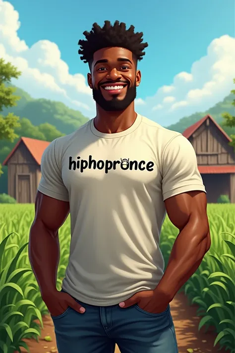 A young black man wearing a tshirt writtent HIPHOPRINCE  on the chest (left) owning a farm