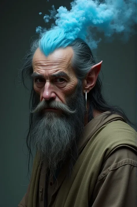 A man by the name of Wisungui long-haired bearded in poor clothes with a hoop in his ear with a blue spout in the back 