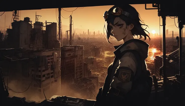 masterpiece, best quality, 1girl, (closeup), engineer, machinist, (yelow coat), (goggles on head), serious, dirty face, dirty clothes, on the roof, cityscape, flooded, industrial ruins, warm, desolate, dark, sunset, watercolor, sketch