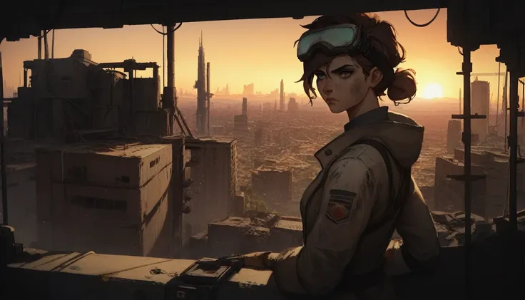 masterpiece, best quality, 1girl, (closeup), engineer, machinist, (yelow coat), (goggles on head), serious, dirty face, dirty clothes, on the roof, cityscape, flooded, industrial ruins, warm, desolate, dark, sunset, watercolor, sketch