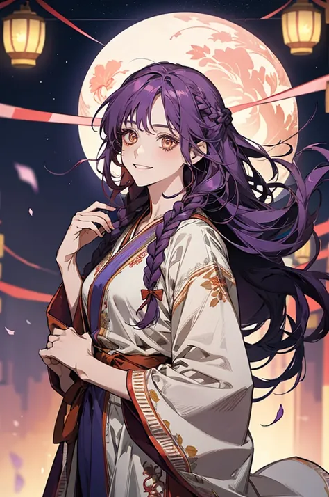 1girl, solo, sweet smile, long hair, braided side hair, purple hair, yellow eyes, red ribbons, long red ribbons, lanterns hanging in the background, looking at viewer, blue under garment, white long robe detailed with flowers on the sleeves, source_anime