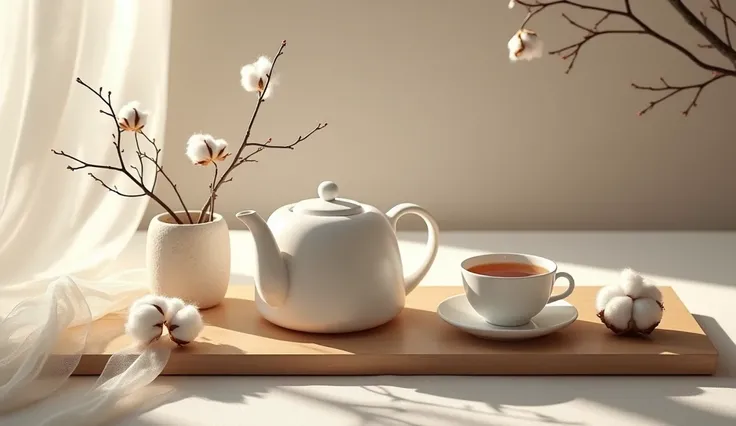 Still life composition in winter tones from a bird&#39;s eye view，zen style，There is a white impurity matte ceramic teapot and a Chinese elegant white tea cup on the long wooden table with a light and refreshing fragrance of tea，Zen elements，Elegant high-e...