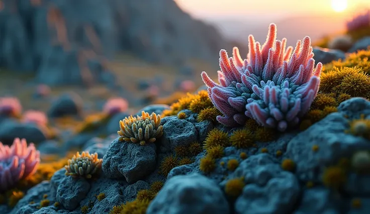 Macro shot of the rocky surface of an alien planet, illuminated by the soft, distant light of an alien sun. The scene reveals living alien lichens and mosses with intricate designs and vibrant, otherworldly colors, some emitting a faint bioluminescent glow...