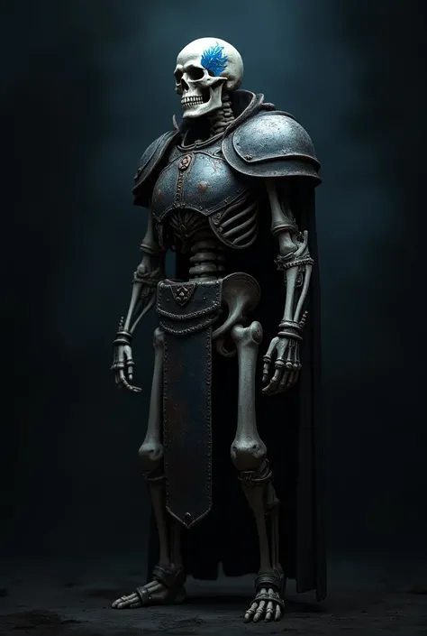 a skeleton warrior wearing iron armor ,  a blue tattoo on the face of the skeleton near the eye