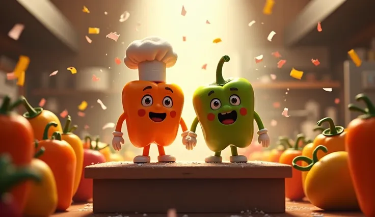 Triumphant scene of two bell pepper characters (orange and green) standing proudly on a raised platform in a restaurant kitchen, wearing slightly flour-dusted chef uniforms, surrounded by cheering anthropomorphic vegetables and kitchen utensils. Spotlight ...