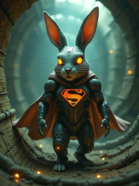 Photo of a cyborg rabbit with a superman superhero design and its symbols, complicated, detailed, and futuristic cyborg design. The rabbit is ancient and eternal, with shining eyes. It will go down the rabbit hole of the matrix, which is a colorful spiral ...