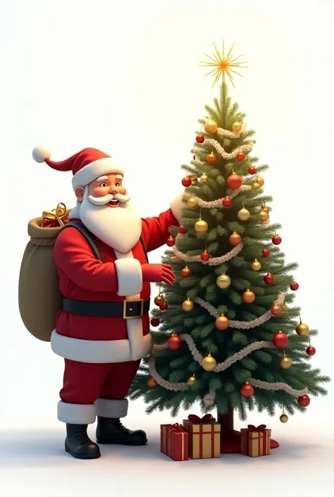 Create an image for me where Santa Claus is smiling showing a huge decorated Christmas tree,  and that on his shoulder he carries a bag full of gifts ,  and that with his hand he shows the Christmas tree ,  and that under the tree there are gifts , and tha...