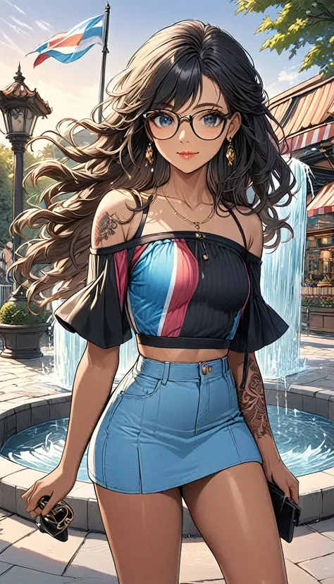 (((Adult trans woman)): denin micro skirt, ((Trans flag colors top)), off shoulders cropped top, black eyes, ((brown skin)), dark skin, showing the whole body, ((black hair, long wavy hair)),(High heel white sandals). Closed mouth)); full body shot, cute s...