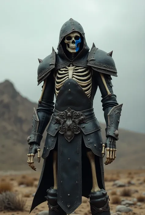 a skeleton with a blue stripe tattoo on its face, wearing heavy iron armor