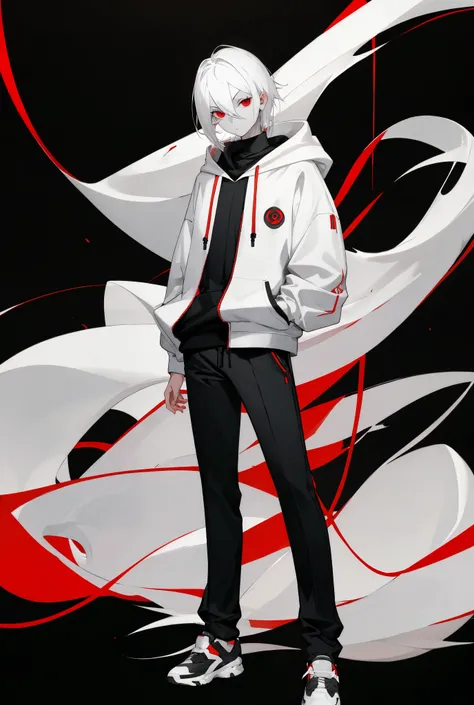 Tall Attractive white skinned teen guy with with white hair hair and red eyes, wearing black hoodie and trouser and shoes. Standing in a black background (full body)
