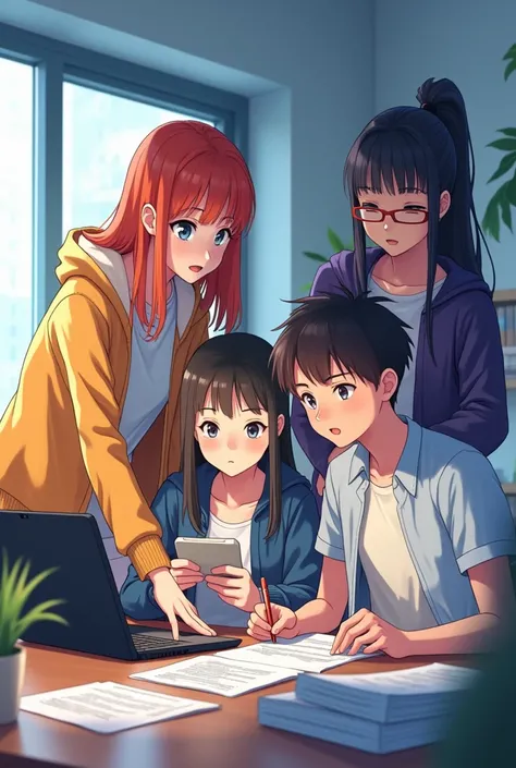 Give me an image of two 17-year-old teenage girls who are on the laptop, another boy who is organizing some sheets and what other boy is on the tablet, as if they were working on this as a team and that is anime-like and that they are cute and that they ar...