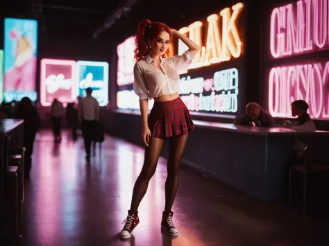 a  schoolgirl, wearing red school skirt, see through top, tits, pantyhose, converse shoes, neon light reflections on skin, ear r...