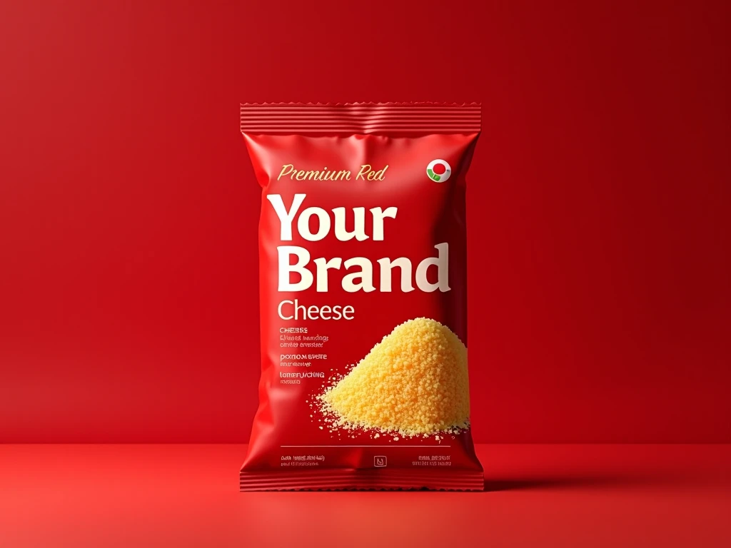 Create a red grated cheese package, without logo, Just use the phrase : "your brand"