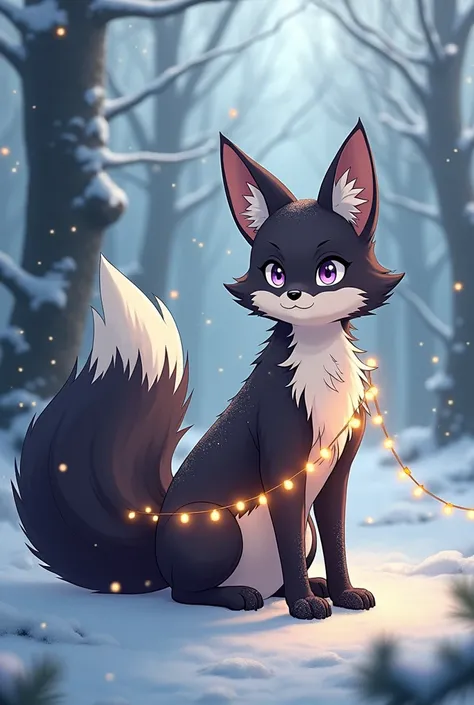 Create an anime style picture of a noble large dark brown fox kitsune with 9 tails and light brown strands in the coat.She has snow in her fur and is in a snowy forest .She is slightly wrapped in a string of lights and looks cute with her lavender colored ...