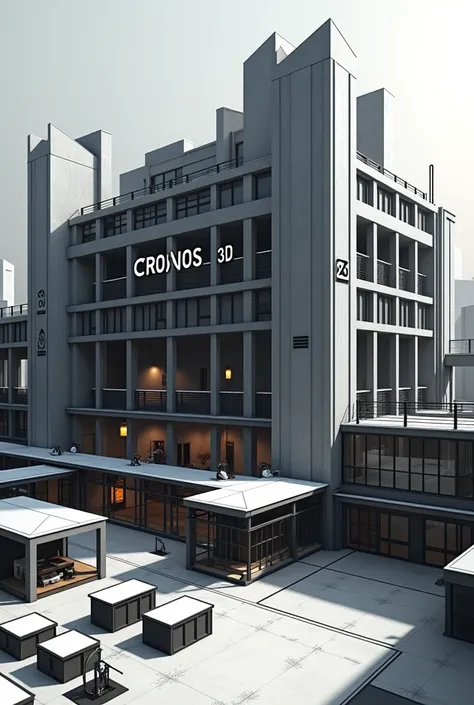 Create a model of a black and white clothing factory with the name Cronos 3D