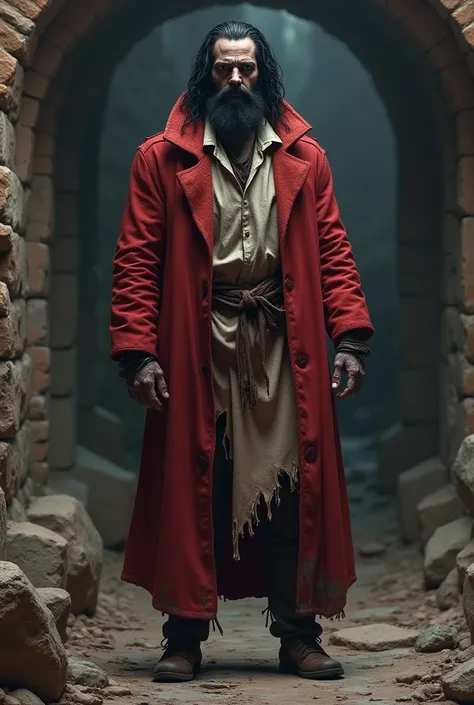 Um personagem de  full body  de RPG com as seguintes características: ( full body :1.5), (man:1.5), zombie,  black hair , black beard, decadent, dirty clothes,  Torn clothes, Red robe  e branco rasgado, (Red robe :1.5), Stone Dungeon in the Background , me...